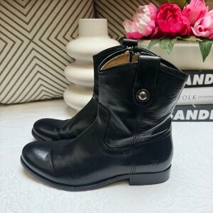 Frye Black Leather Ankle Boots with Button Detail